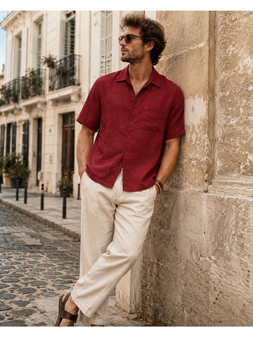 Bosco Uomo Vintage Textured Camp Shirt Burgundy Red Button Front Large